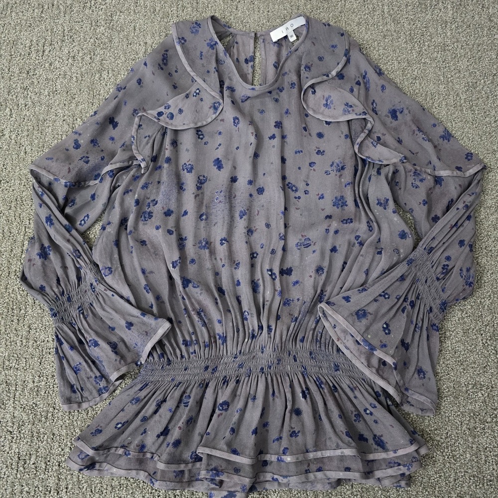 IRO Floral Ruffle Blouse Womens 36 Gray Blue Sheer‎ Smocked Boho Romantic